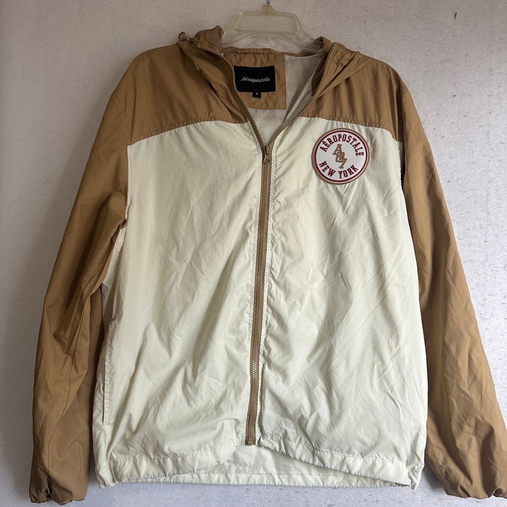 Aeropostale Mens Colorblock Windbreaker Jacket Tan Cream Hooded Size M RN 155511